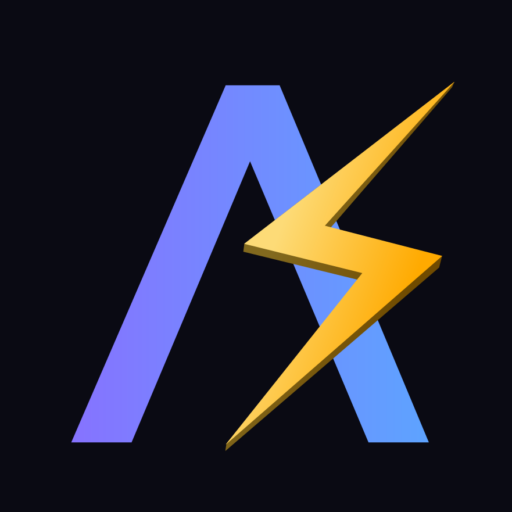 Stylized blue letter A crossed by a yellow lightning bolt on a dark background